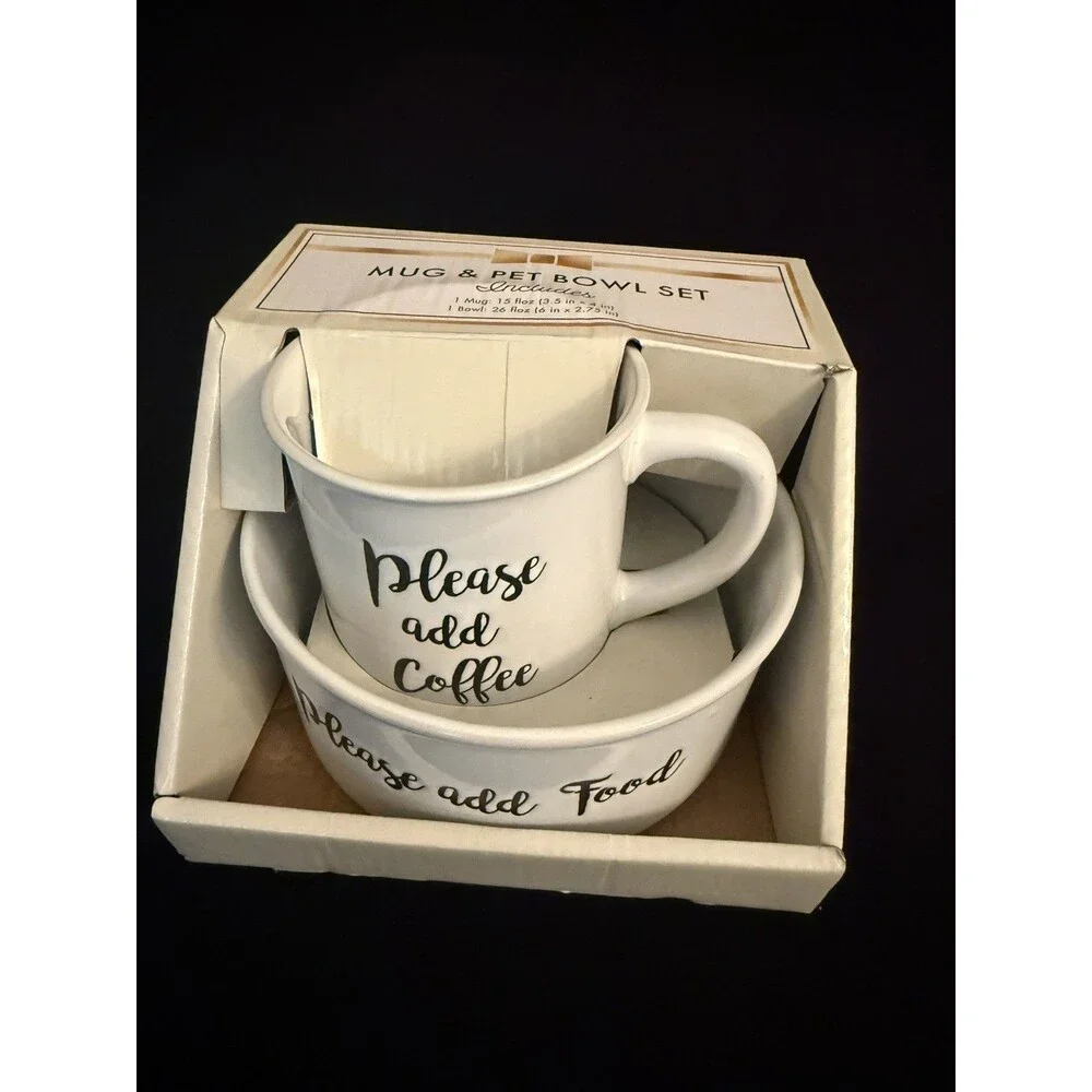 Coffee Mug and Pet Bowl Gift set Dog Human Home Love White Black Ceramic